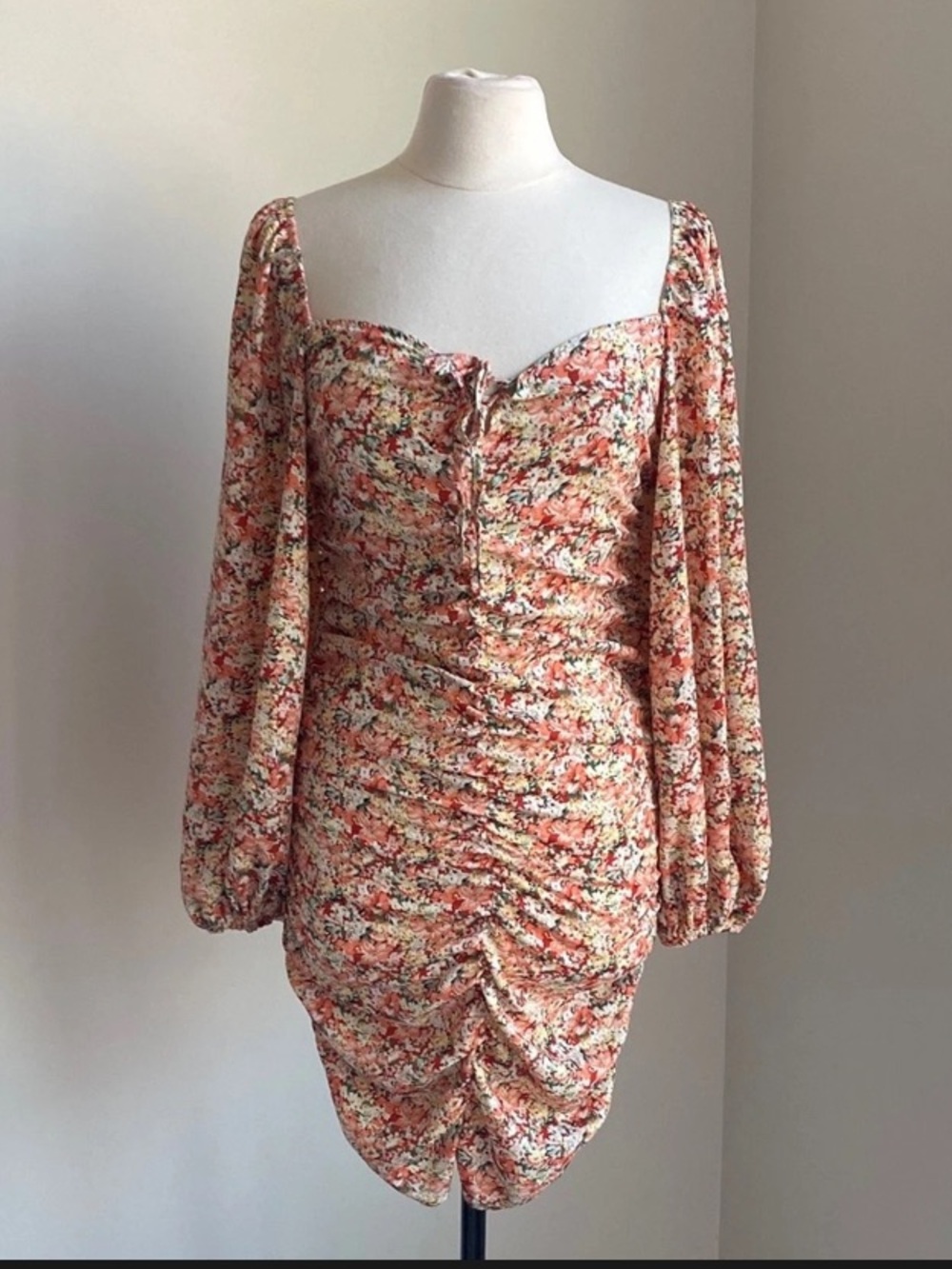 SHEIN Ruched Floral Dress Womens Sz Large Peach Cream Yellow Green